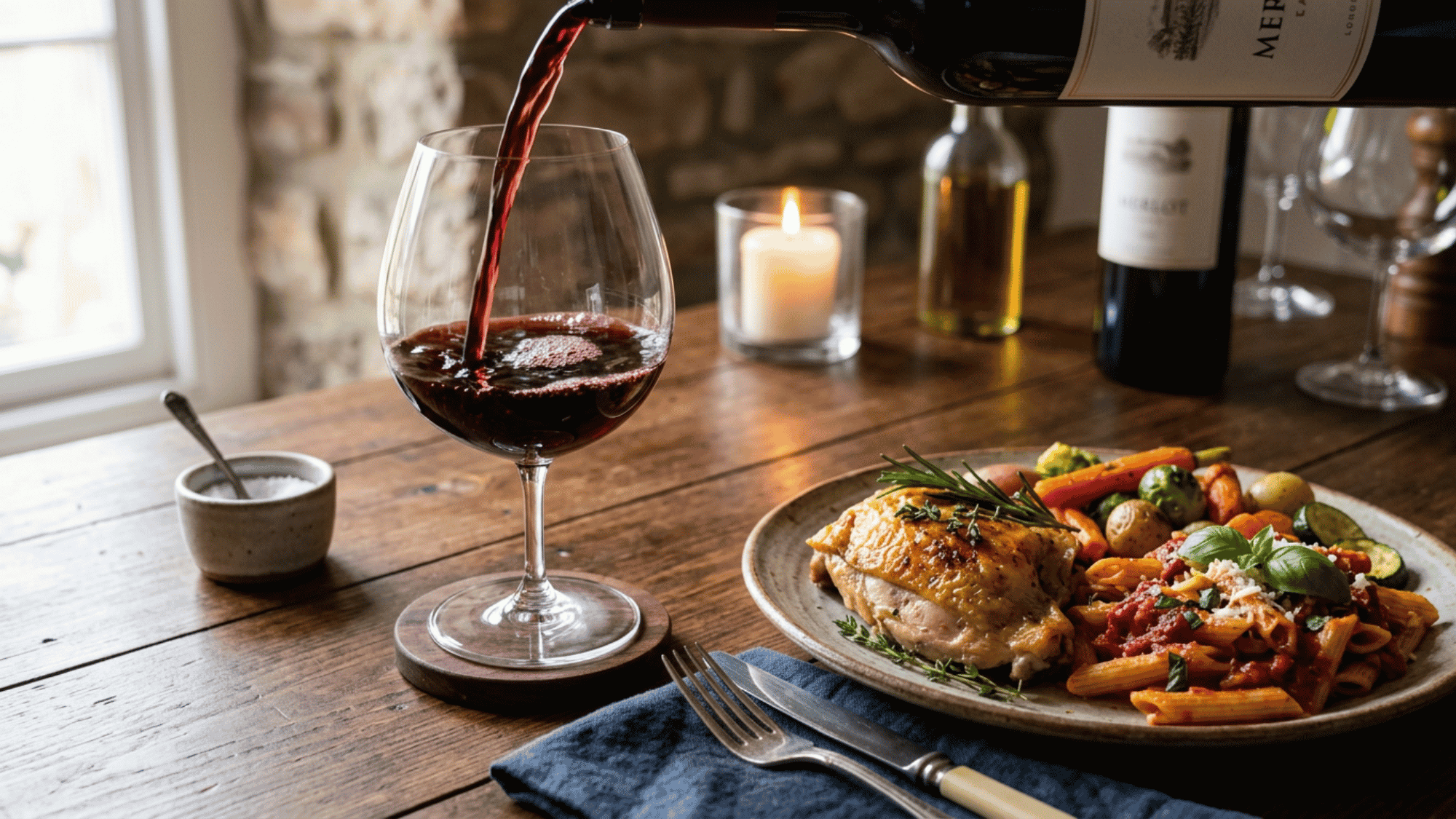 Merlot poured beside roast chicken, pasta, and vegetables