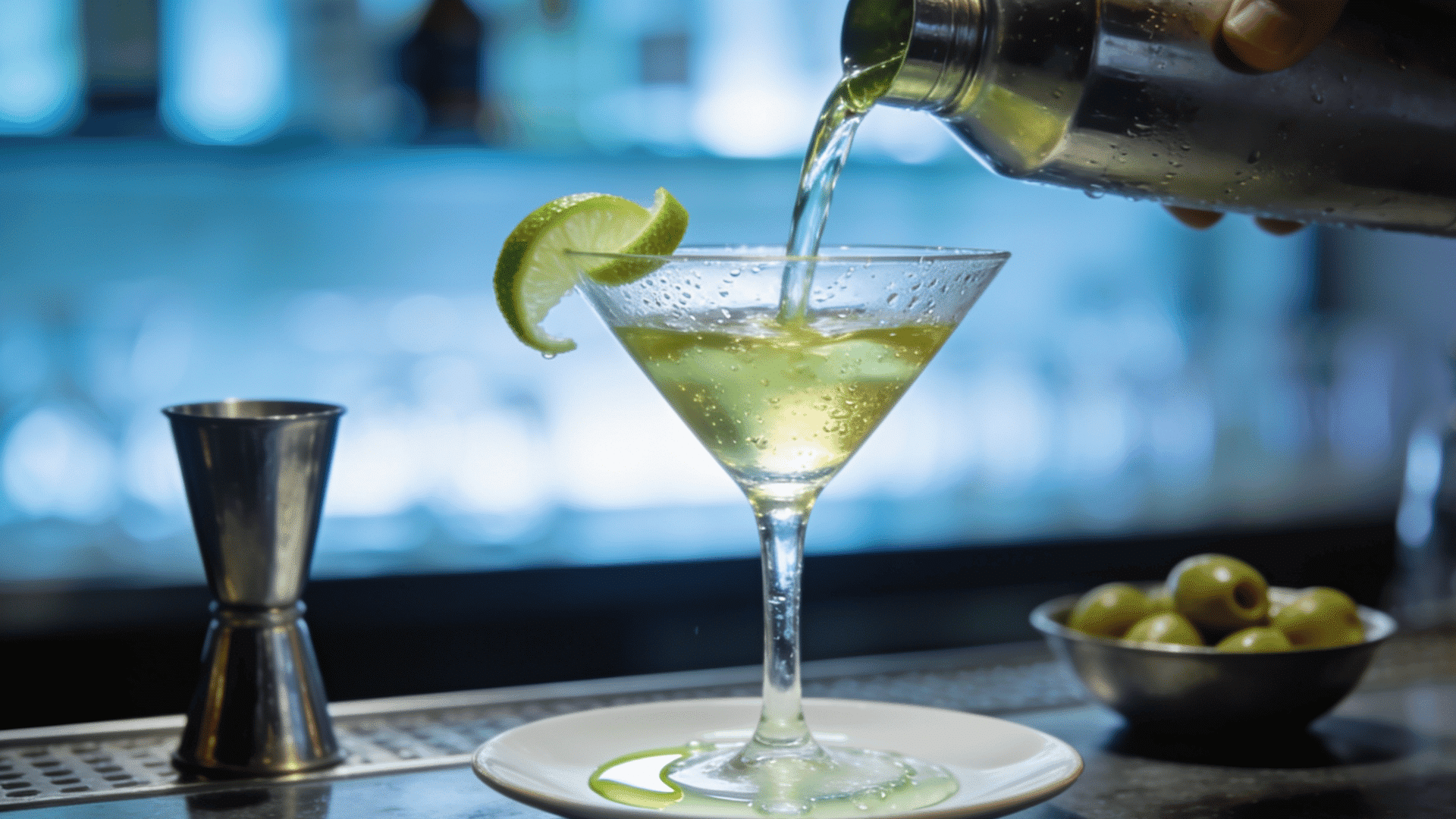 Mexican Martini with olive garnish and brine