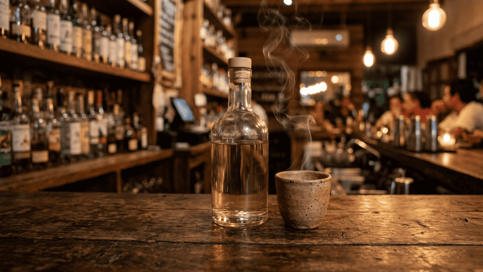 Mezcal bottle and clay cup on a wooden bar with smoky pub background