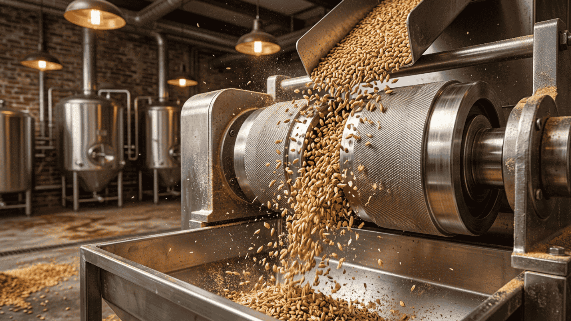 A bearded brewer in a leather apron pours barley grains into a stainless steel grain mill at a wooden workbench inside a rustic brick brewery.