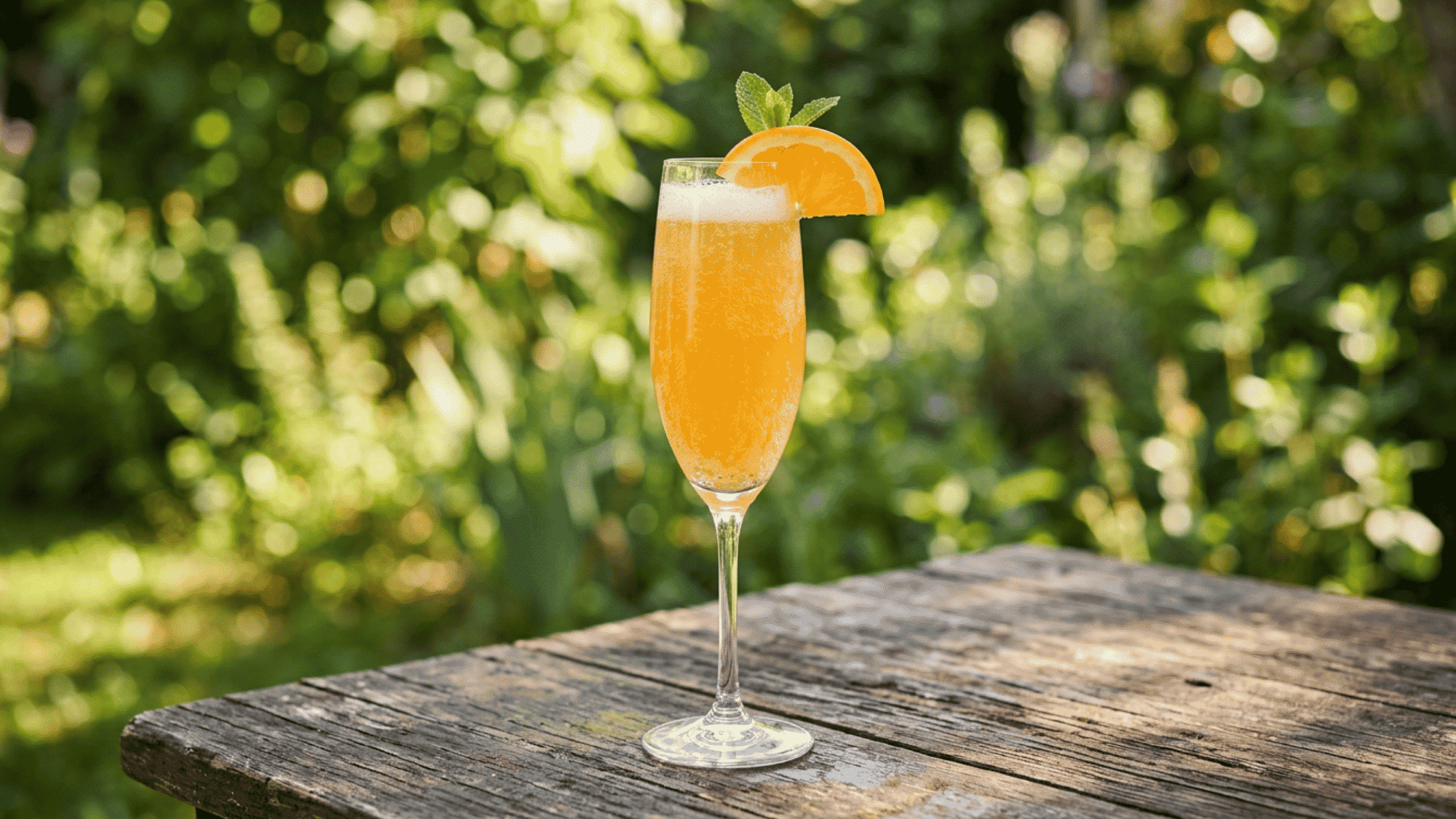 Mimosa with orange slice and fine bubbles in a flute glass