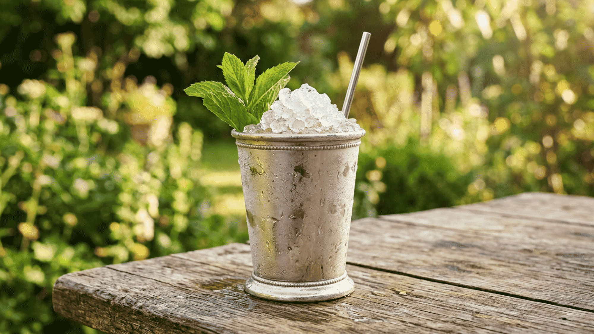Mint Julep with crushed ice and mint in a silver cup