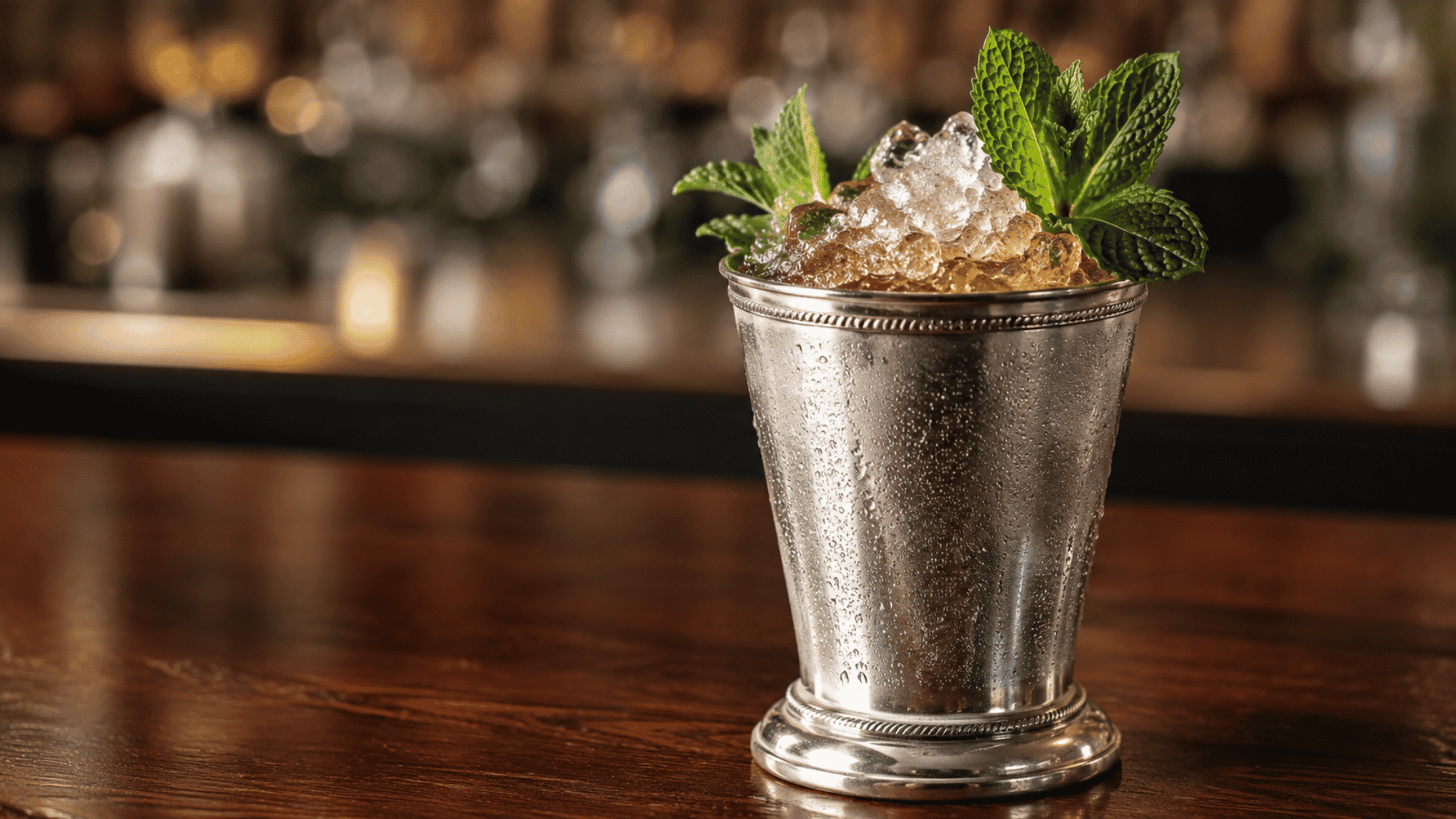 Mint Julep bourbon cocktail in silver cup with crushed ice and fresh mint
