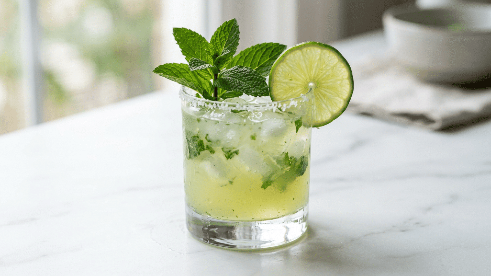 Mint lime margarita with fresh mint sprig and lime wheel