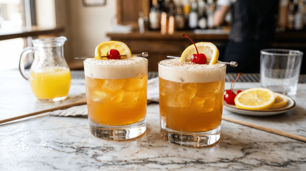 Two vodka cocktails with foam, lemon slices, cherries, and ice served in rocks glasses.