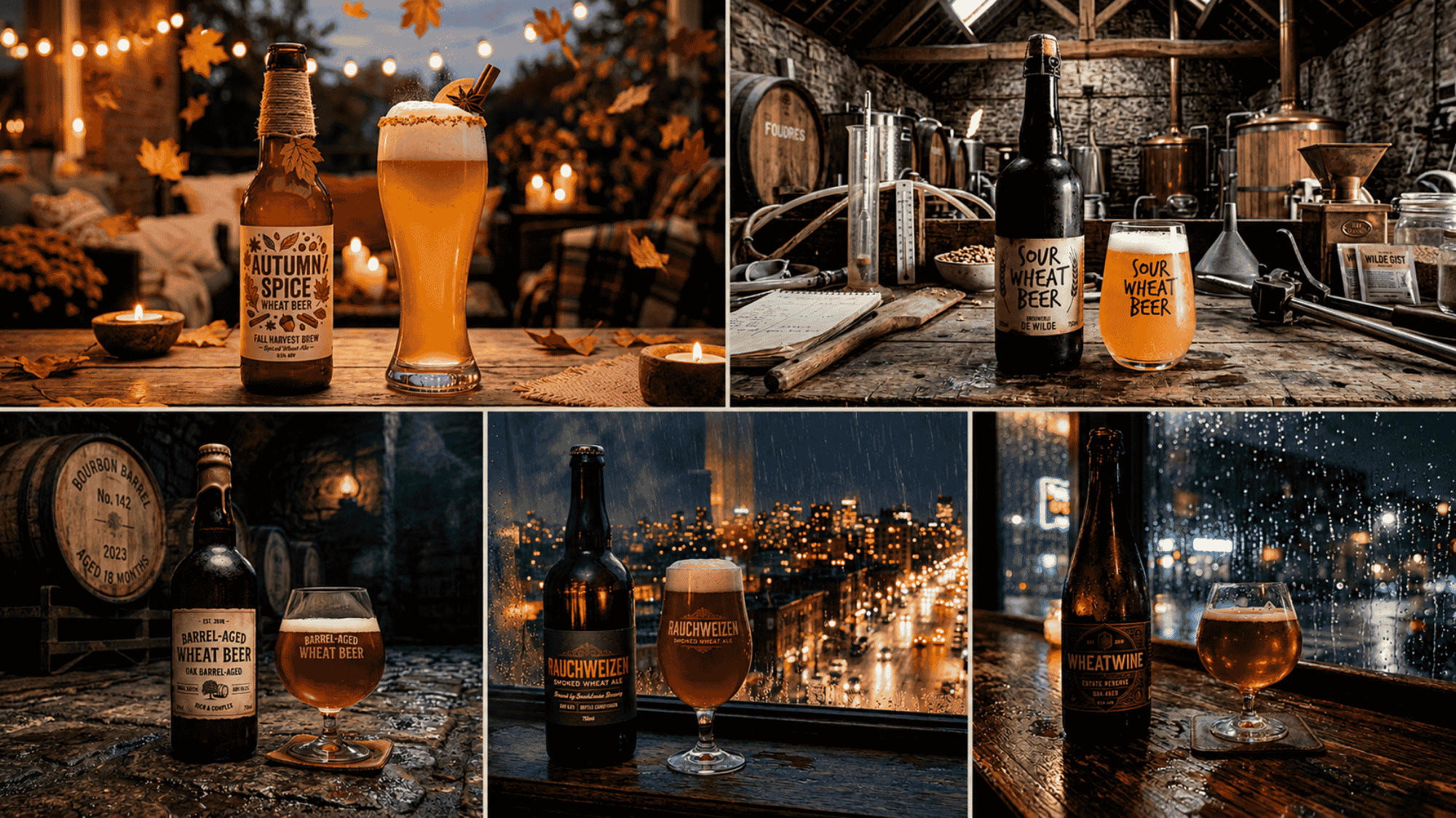 Collage of craft wheat beers including spiced, sour, barrel-aged styles