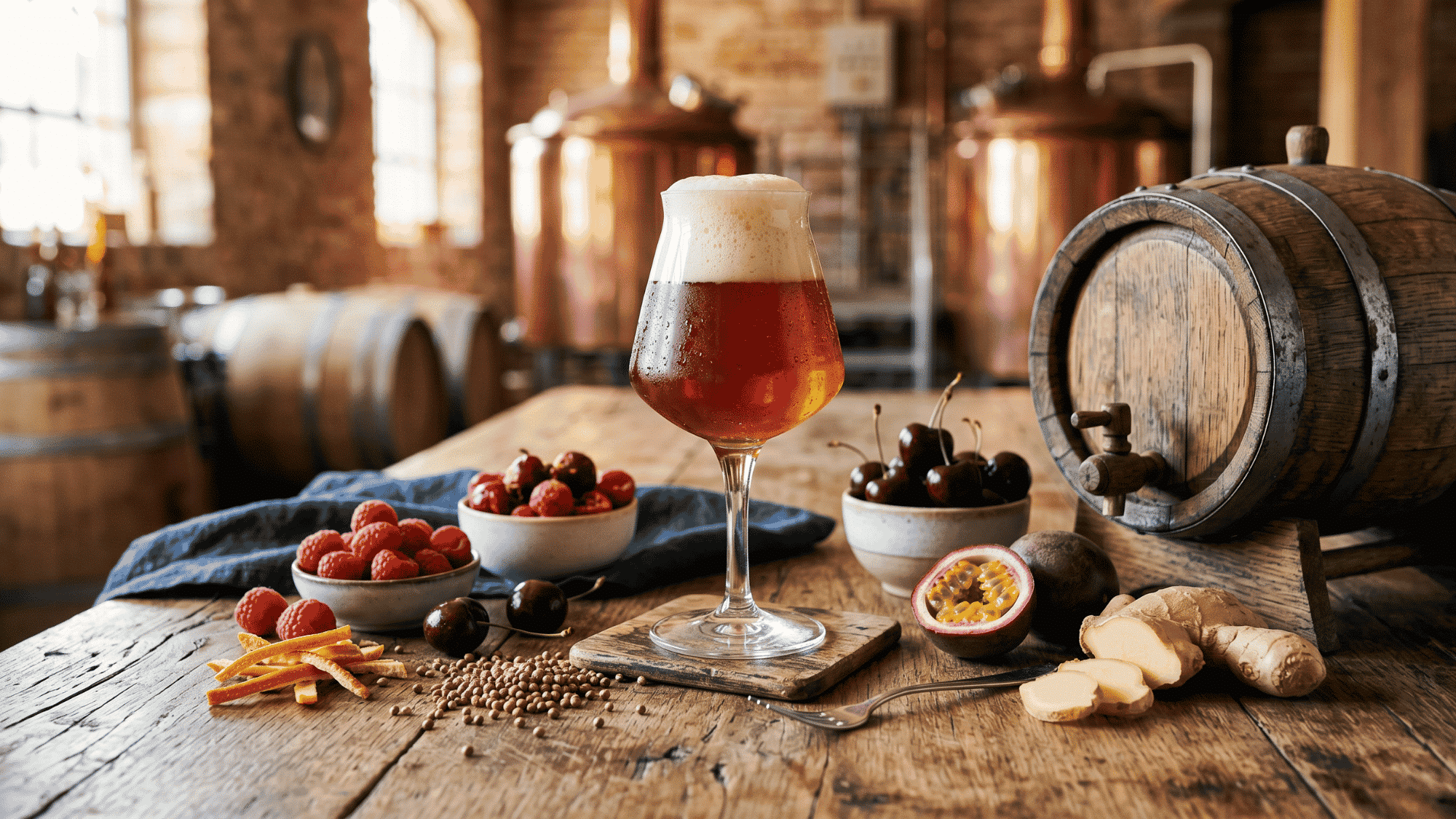 Craft beer glass surrounded by fruits, ginger, and spices on a wood table