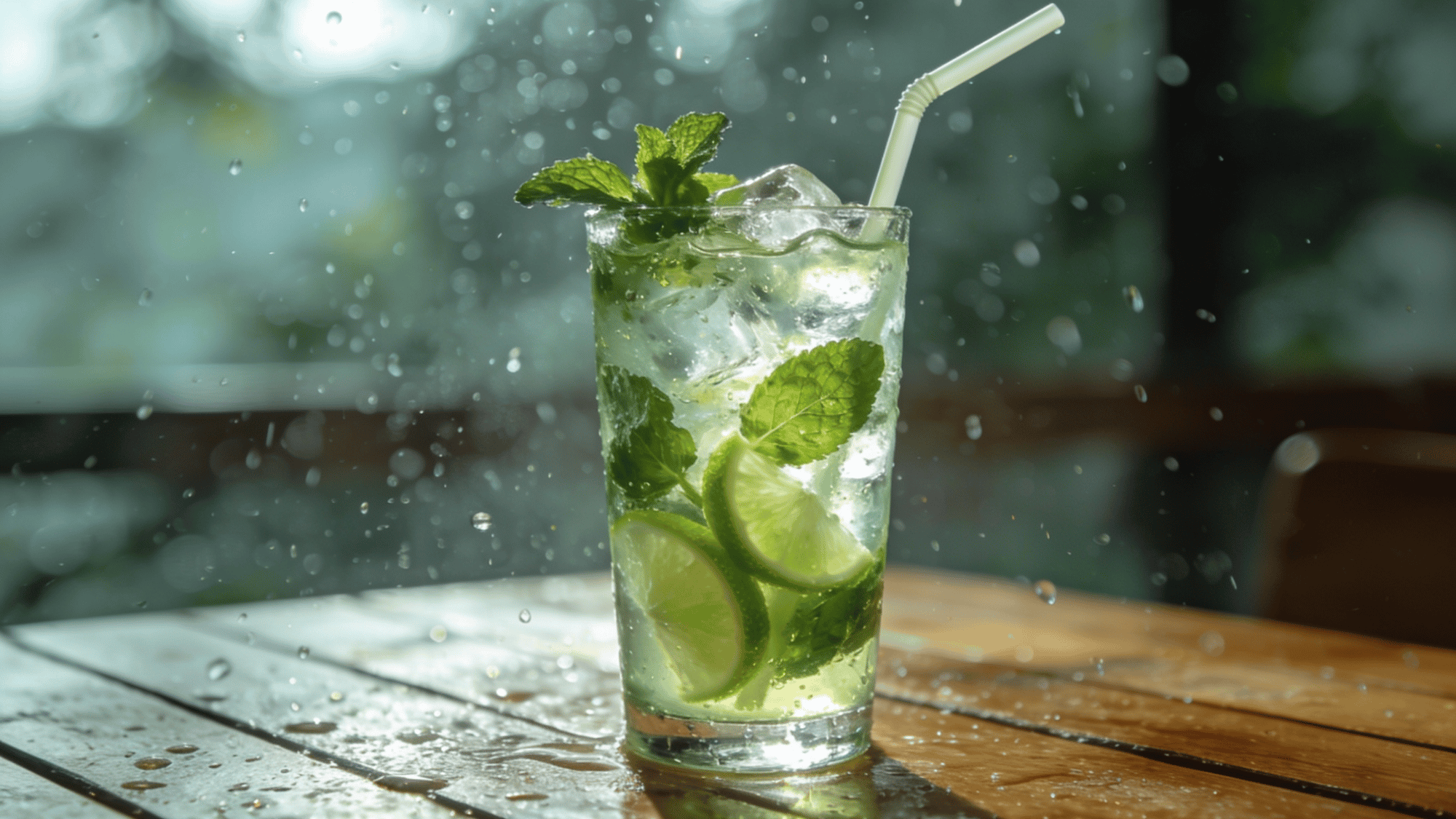 refreshing mojito with mint, lime, ice, and straw on a sunlit wooden table