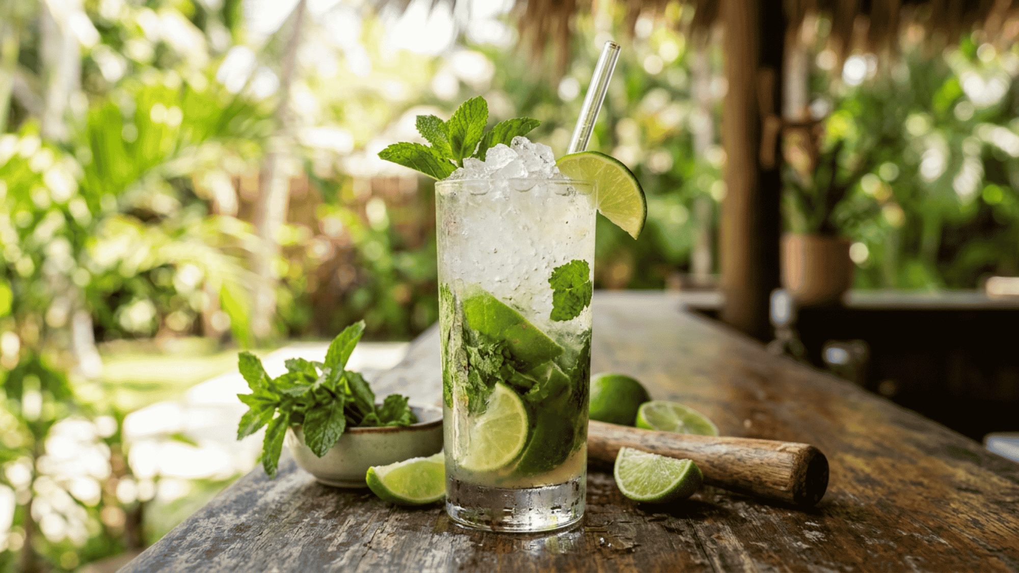 Fresh Mojito with mint, lime, and crushed ice served on a rustic tropical wooden bar table.