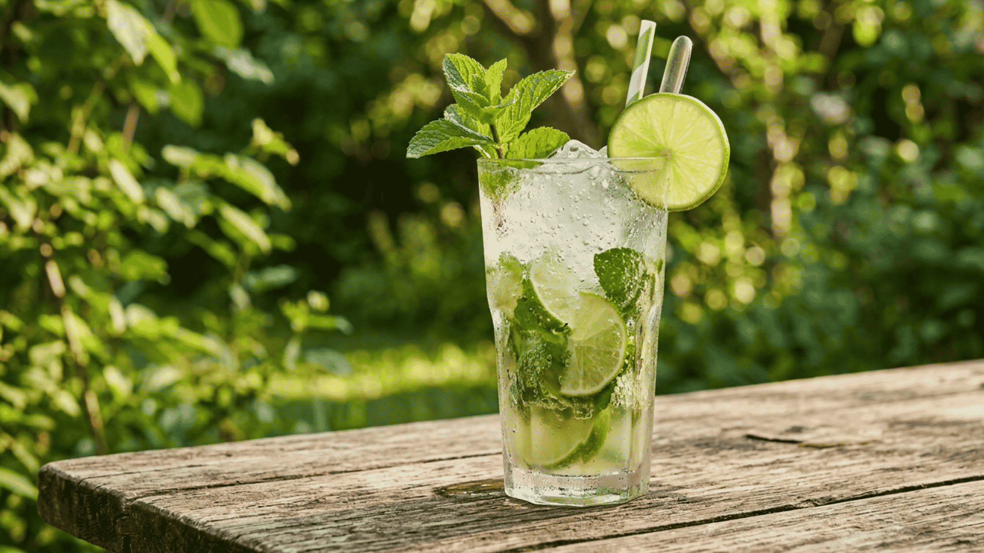 Mojito with mint, lime, crushed ice, and soda bubbles on a wooden table