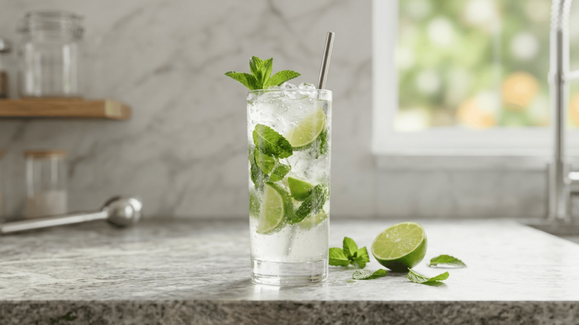 Mojito cocktail with mint, lime, crushed ice, and soda in a tall glass.