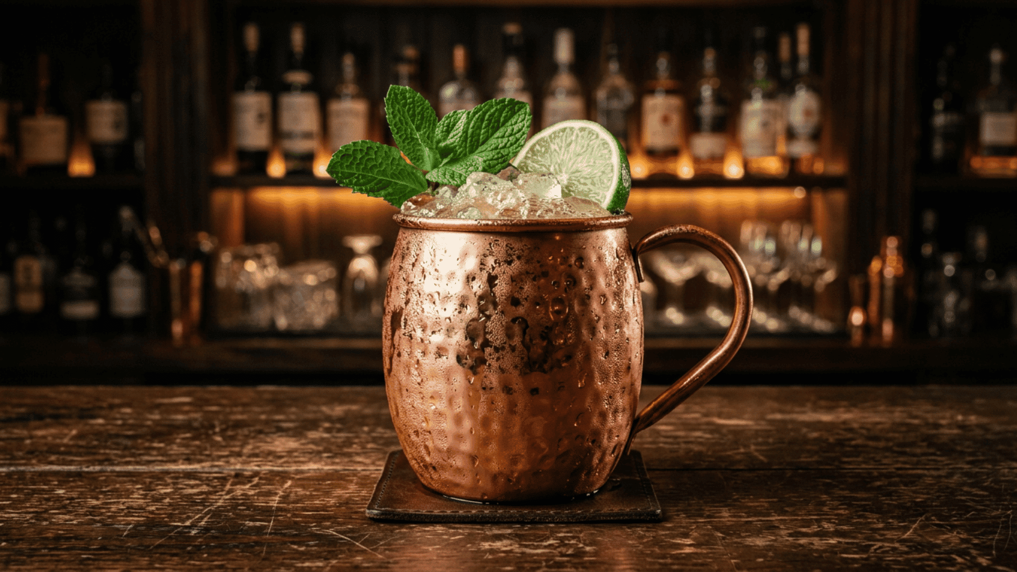 Moscow mule in copper mug with mint and lime on a bar counter