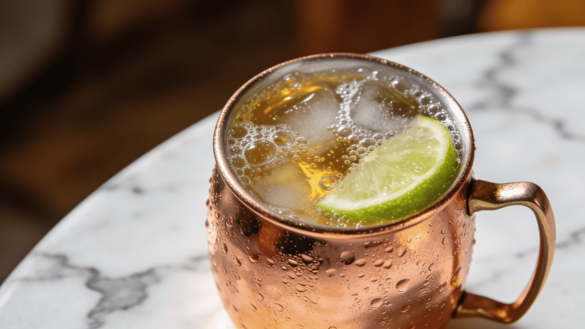 moscow mule in a copper mug with lime, ice, and bubbles on a marble table