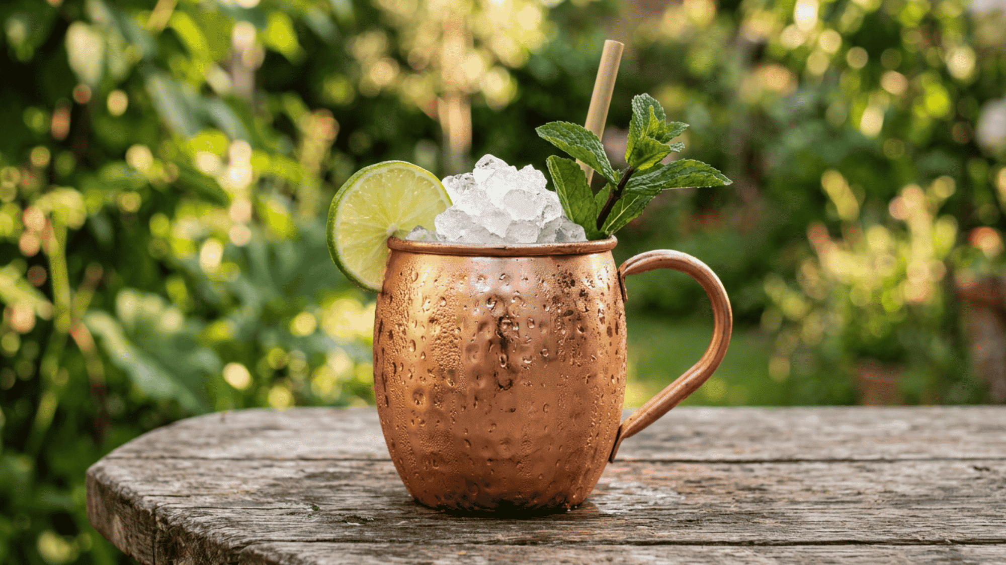 Moscow Mule with lime, mint, and crushed ice in a copper mug