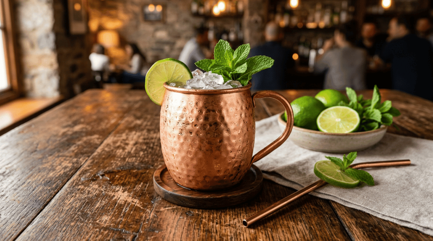 Moscow Mule cocktail in a traditional copper mug
