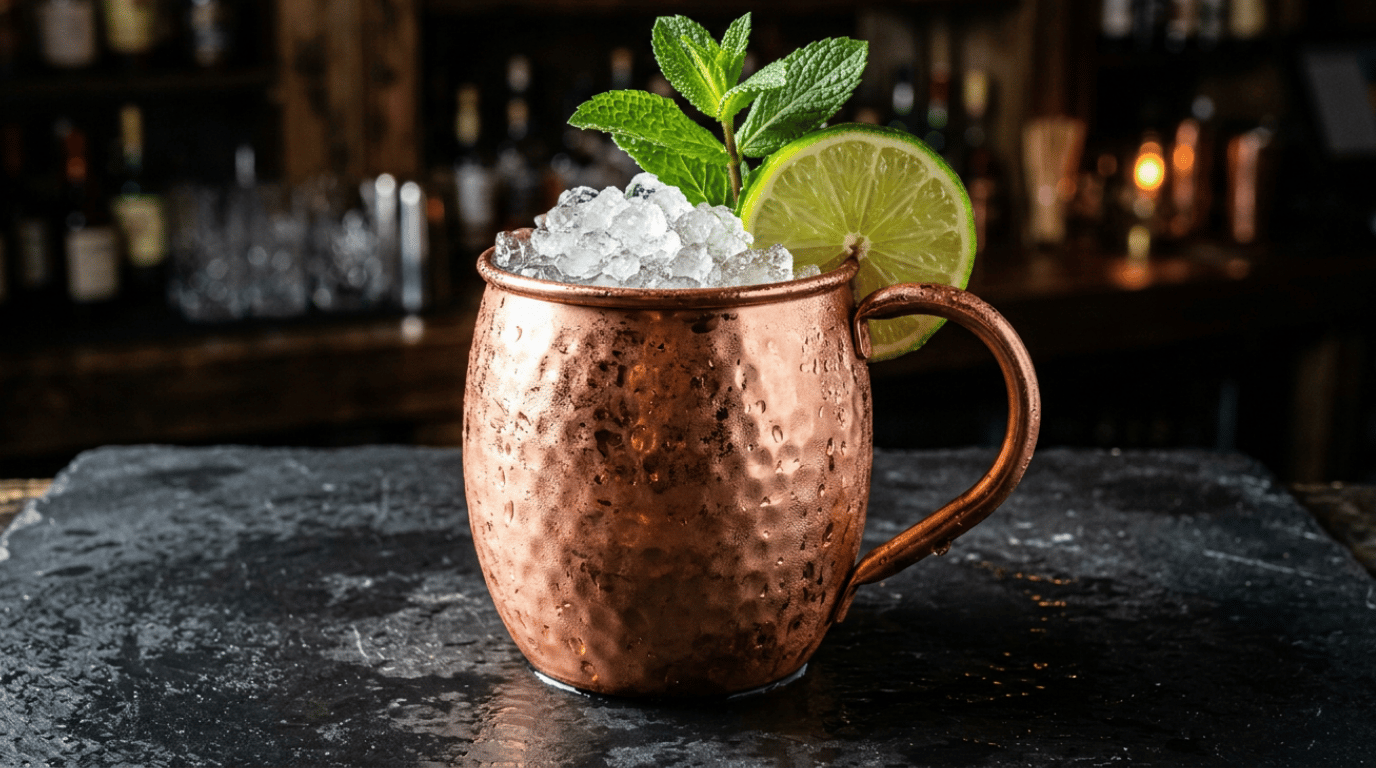 Moscow mule in a copper mug with crushed ice, lime wheel, and fresh mint
