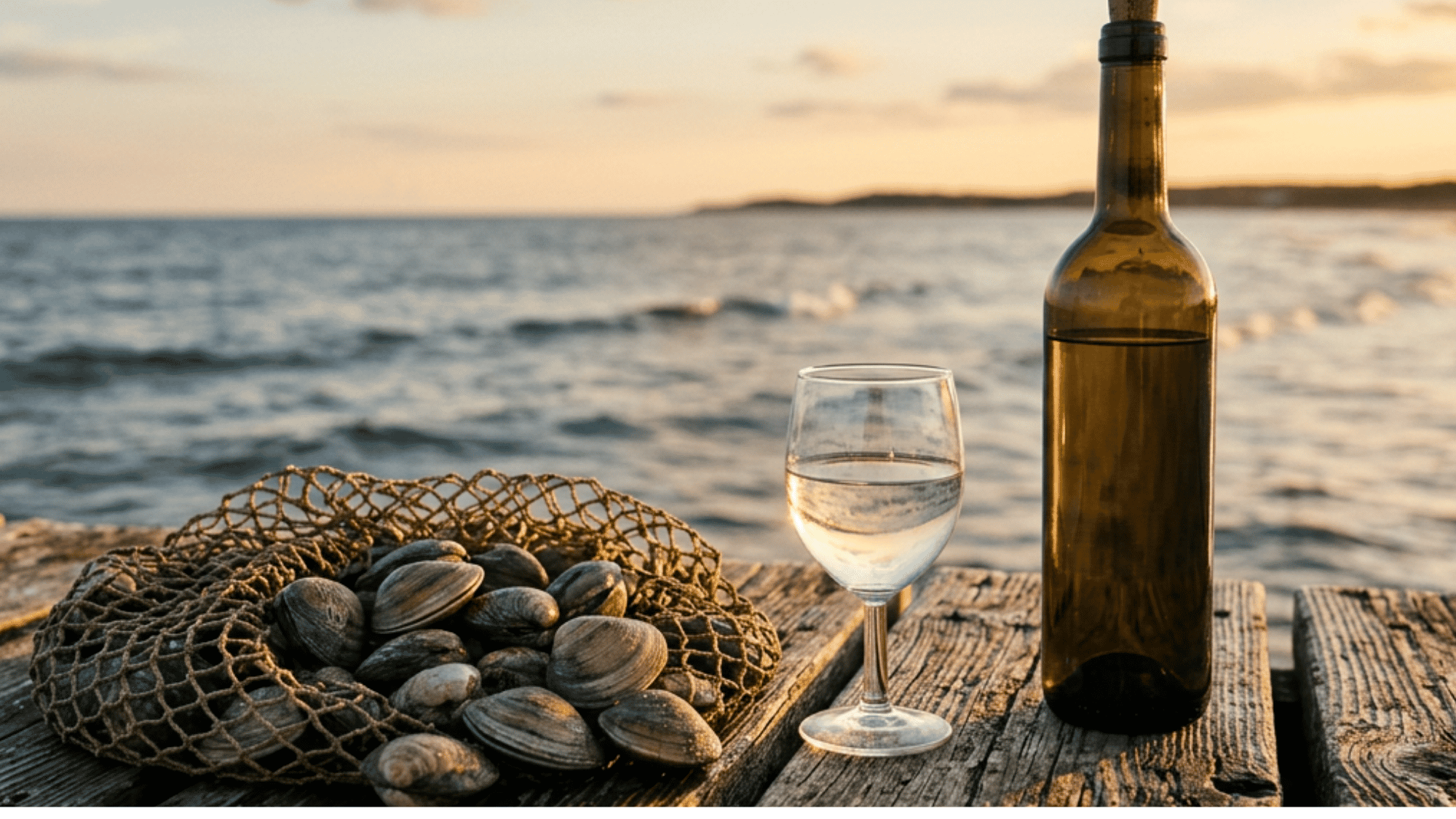Bottle and glass of Muscadet beside fresh clams on a rustic dock at sunset