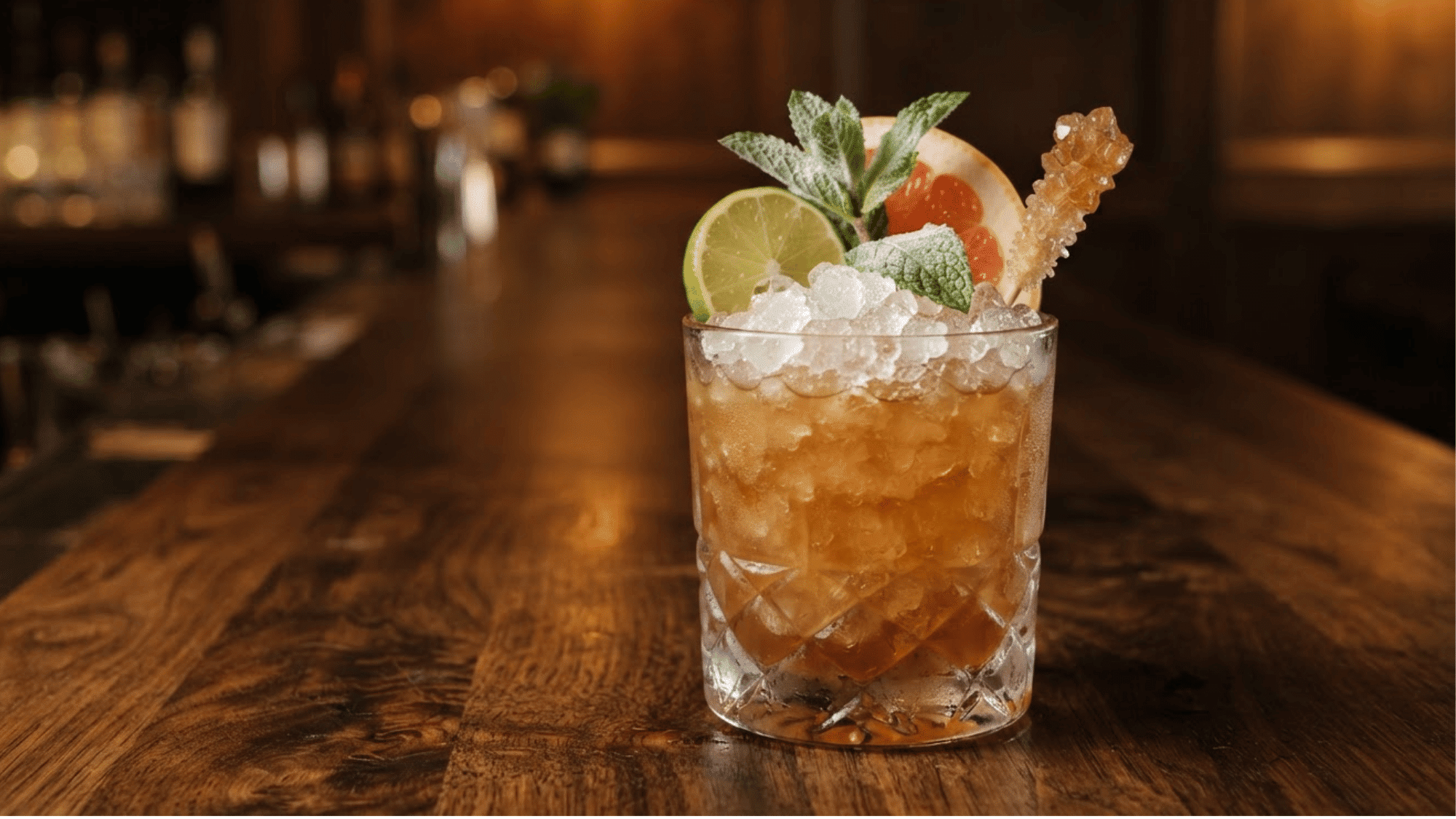 Navy Grog cocktail with crushed ice, citrus garnish, mint, and amber rum.