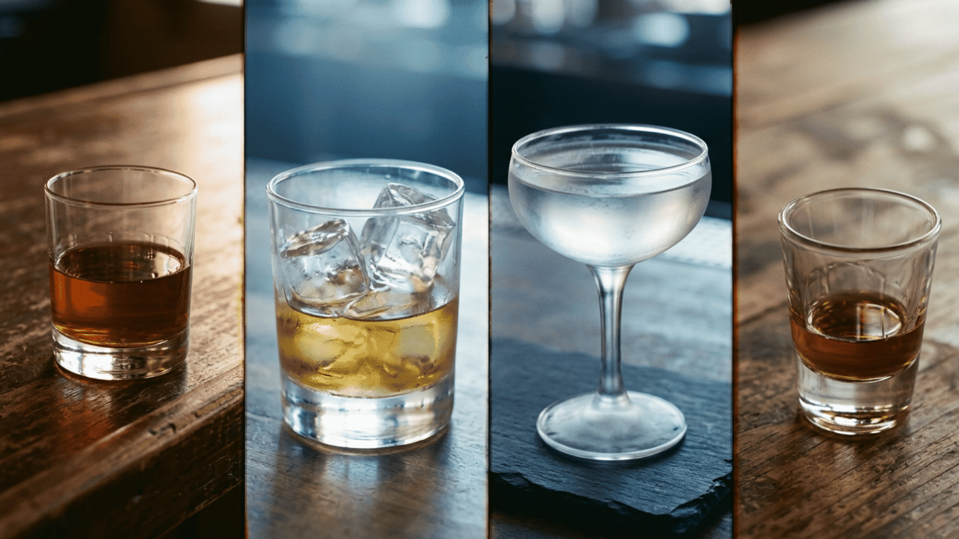 Four bar glasses showing neat rocks up straight.