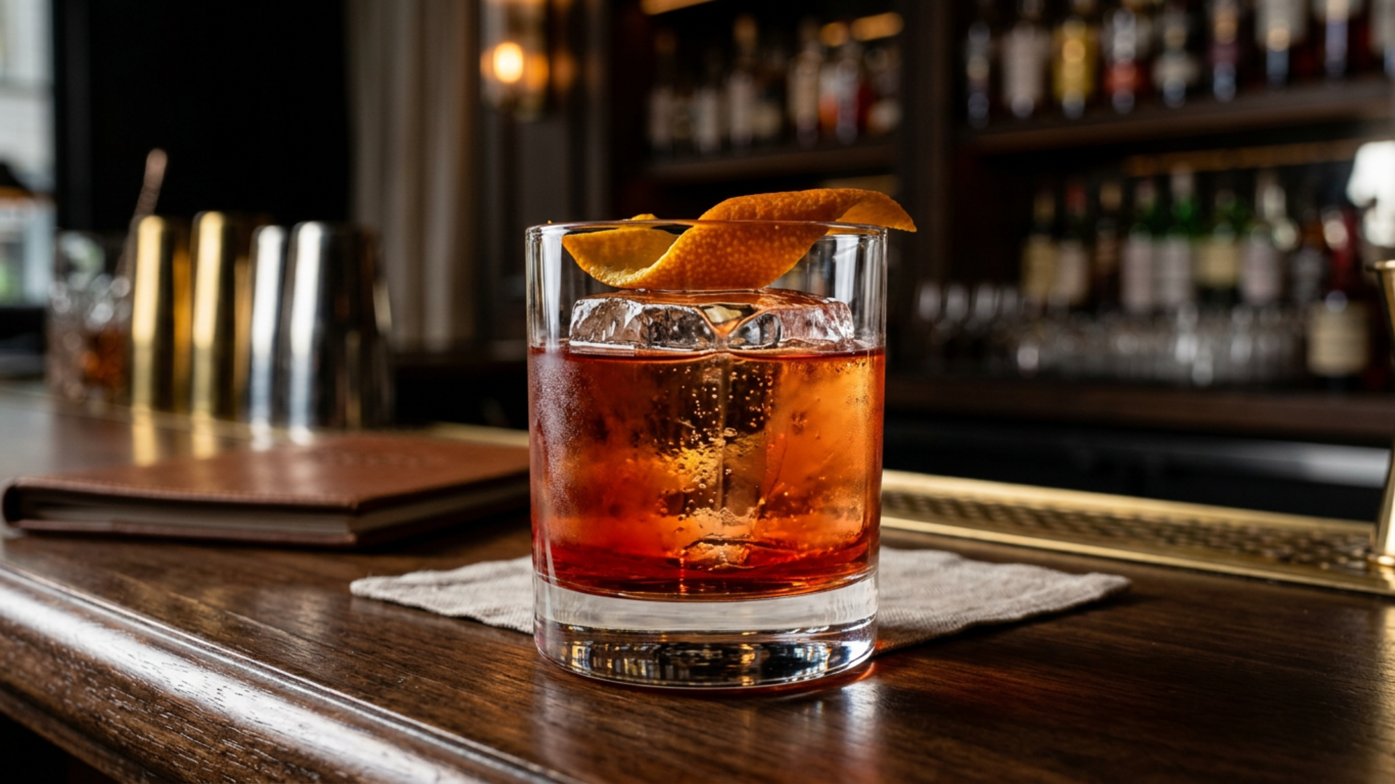 Negroni with a large ice cube and orange peel on a polished bar counter