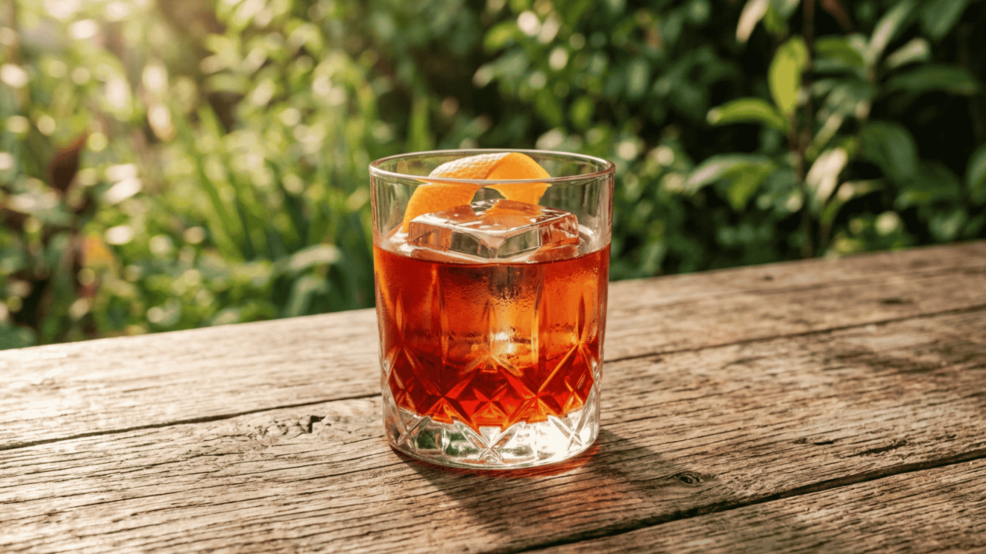 Negroni with orange peel and a large ice cube in a rocks glass