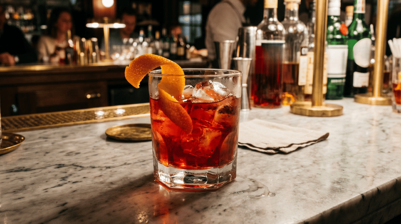 Negroni cocktail garnished with an orange peel