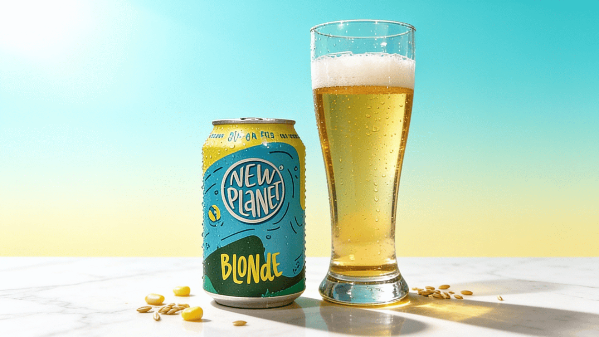 New Planet Blonde can beside a tall pilsner glass of pale golden blonde ale with corn kernels on a white marble surface with an aqua blue background.