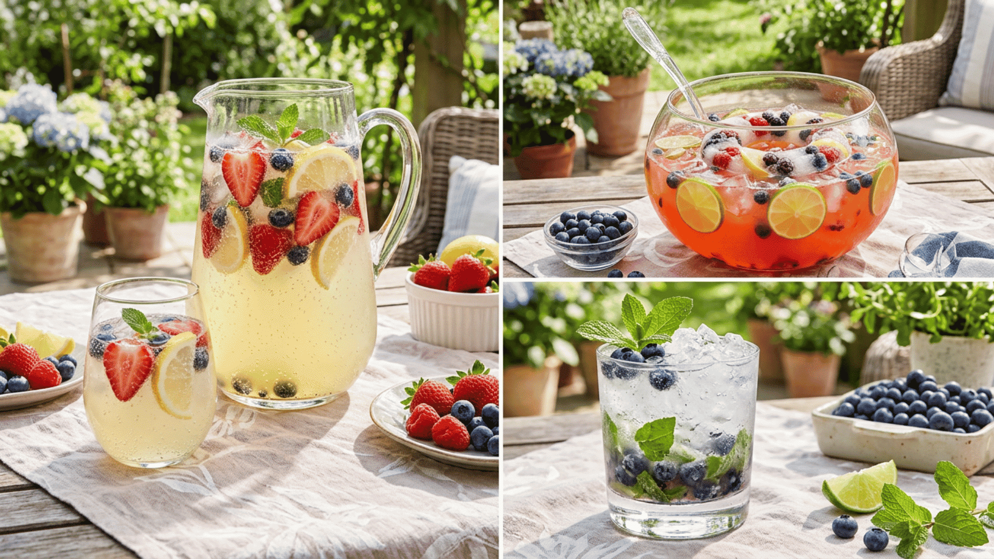 Non-alcoholic lemonade, citrus punch, and blueberry mint drinks on patio