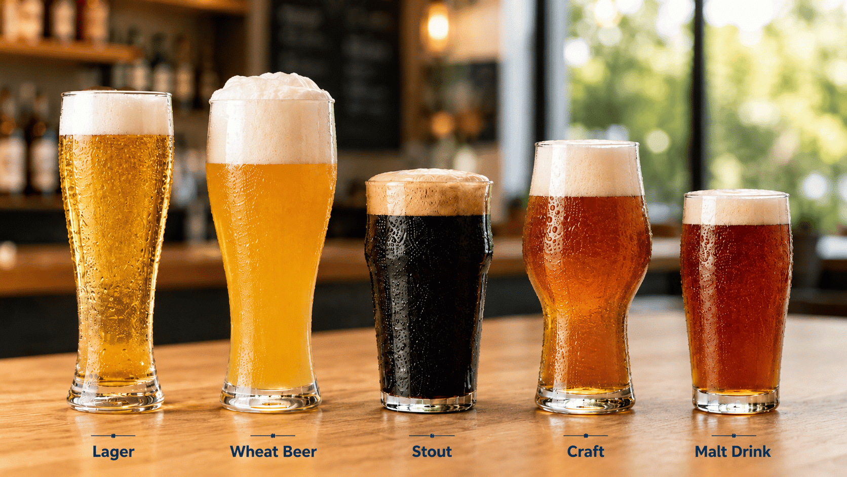 Five non alcoholic beer styles in glasses including lager, wheat, stout, craft, and malt.