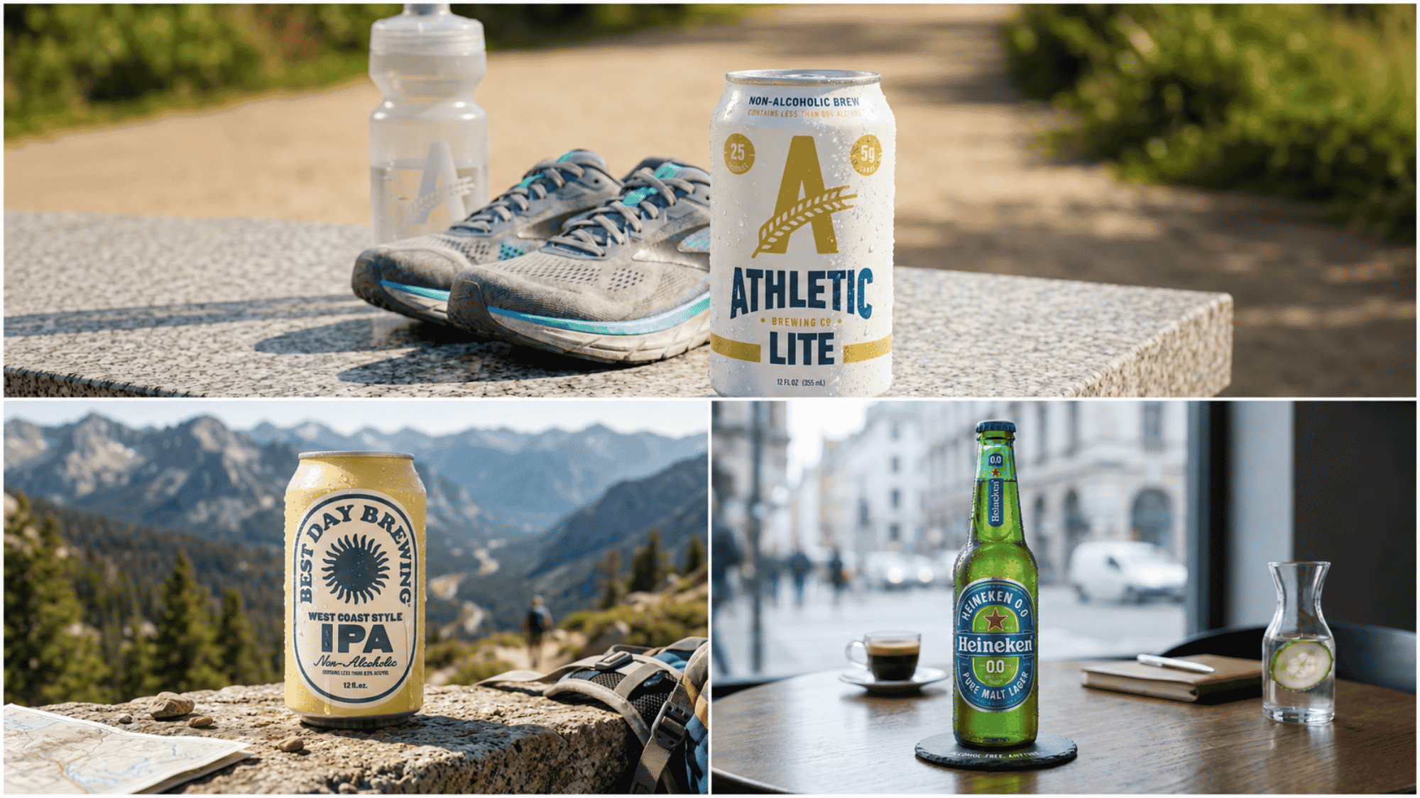 Athletic Brewing Lite, Best Day Brewing IPA, and Heineken 0.0 non-alcoholic beer options