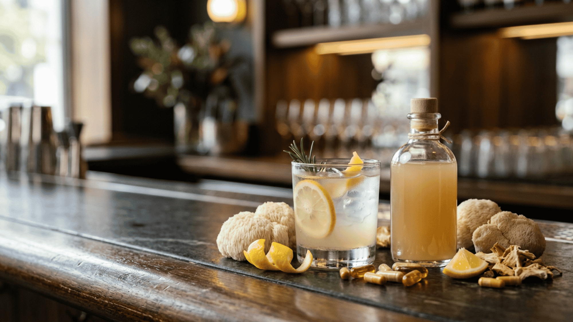 Nootropic drink with lion's mane mushrooms and lemon on a wooden bar top