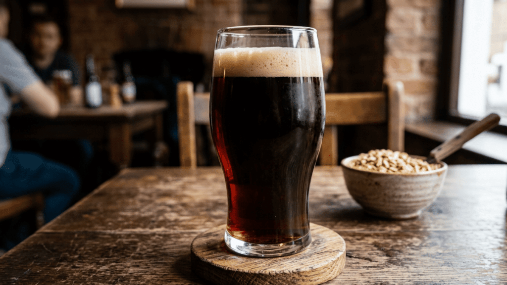 Smooth oatmeal stout with ruby red highlights in a type of dark beer.