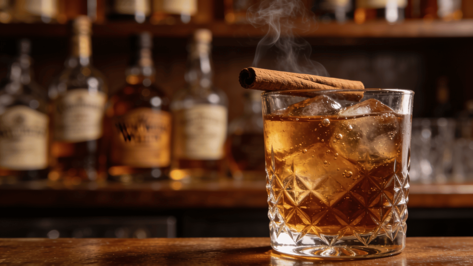 old fashioned cocktail with ice and cinnamon garnish on a warm bar counter