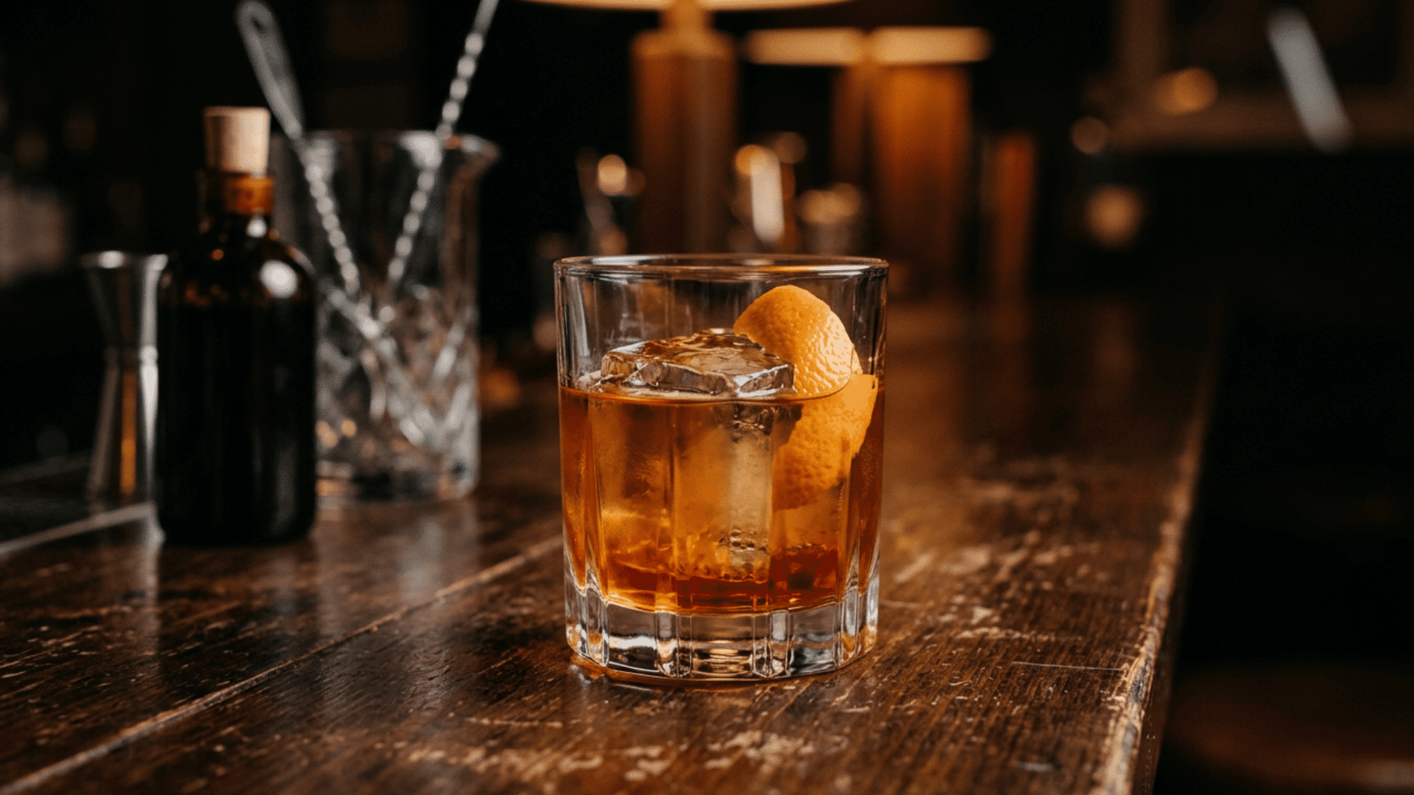 Old Fashioned with orange peel and a large ice cube in a rocks glass