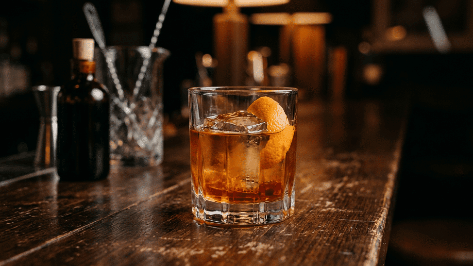 Old Fashioned cocktail with clear ice and orange peel on a wooden bar.