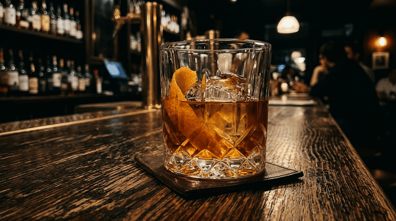 Old Fashioned cocktail with bourbon, orange peel, and a large ice cube
