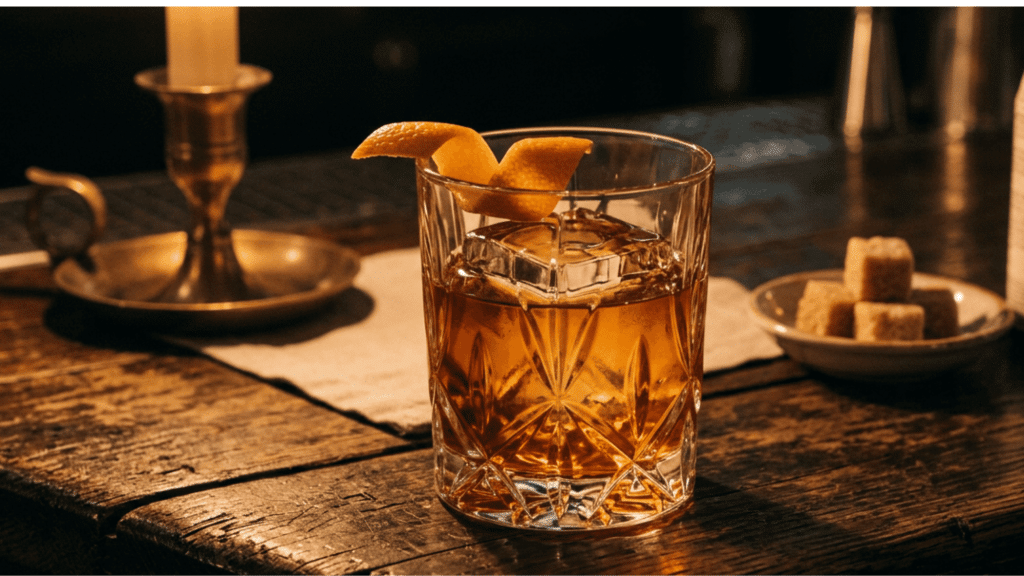 Old Fashioned bourbon cocktail in a crystal glass with orange peel on a candlelit wooden table