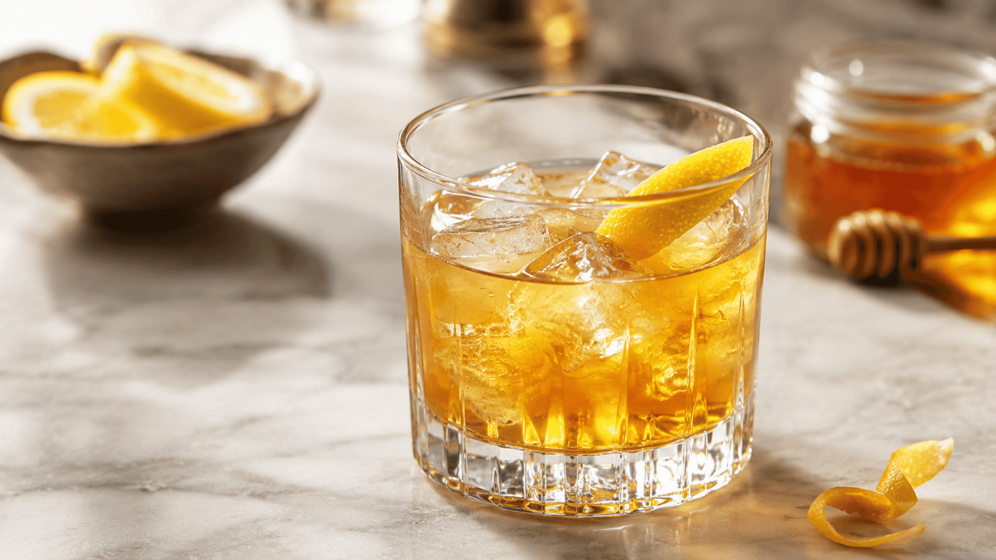 Old Fashioned cocktail with orange peel and ice in a glowing lowball glass