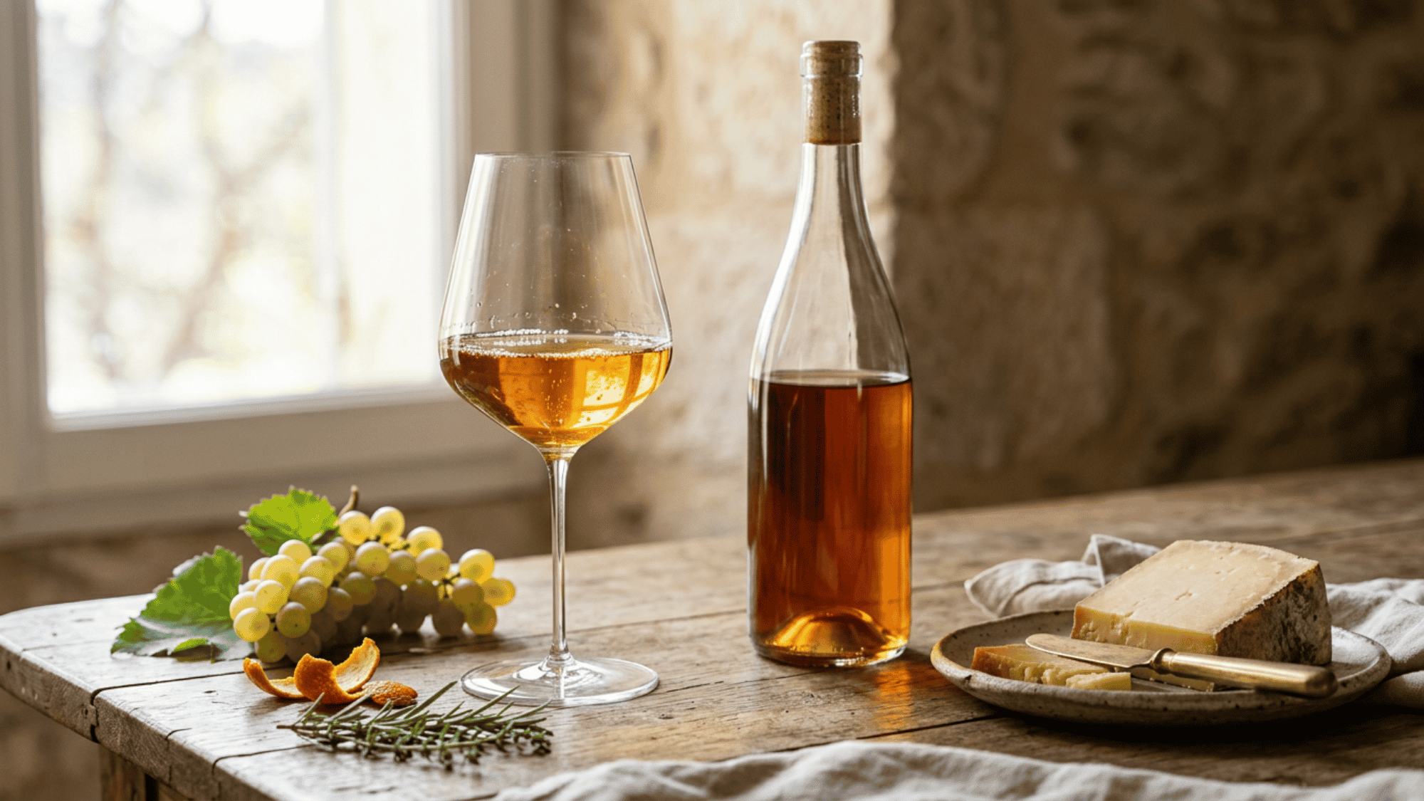 Orange wine glass and bottle with grapes, herbs, orange peel, and cheese on table