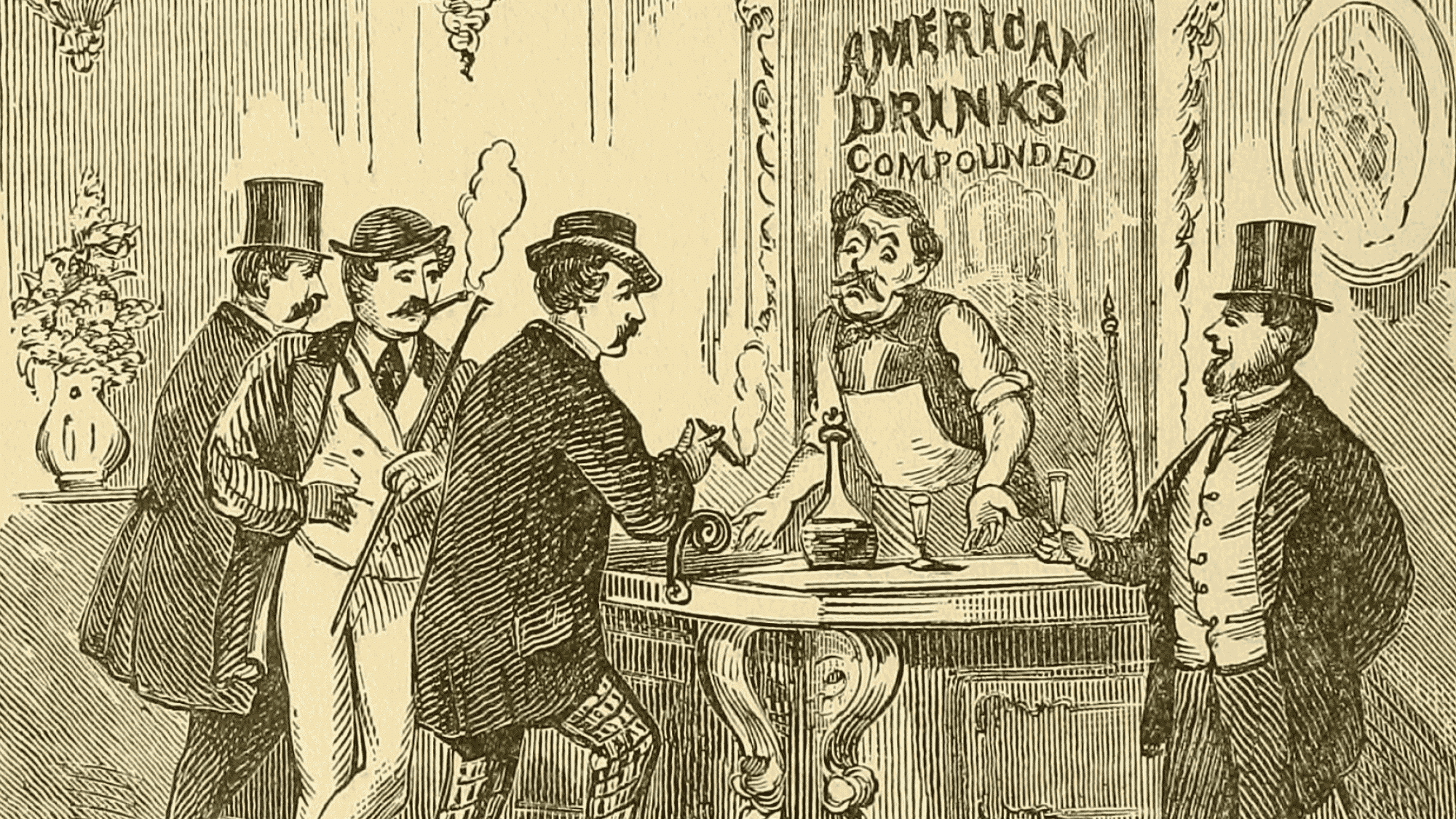 An illustration from The Innocents Abroad by Mark Twain, published in 1897. Between the 1860s and 1920, when Prohibition went into effect, American bartending came into its own.