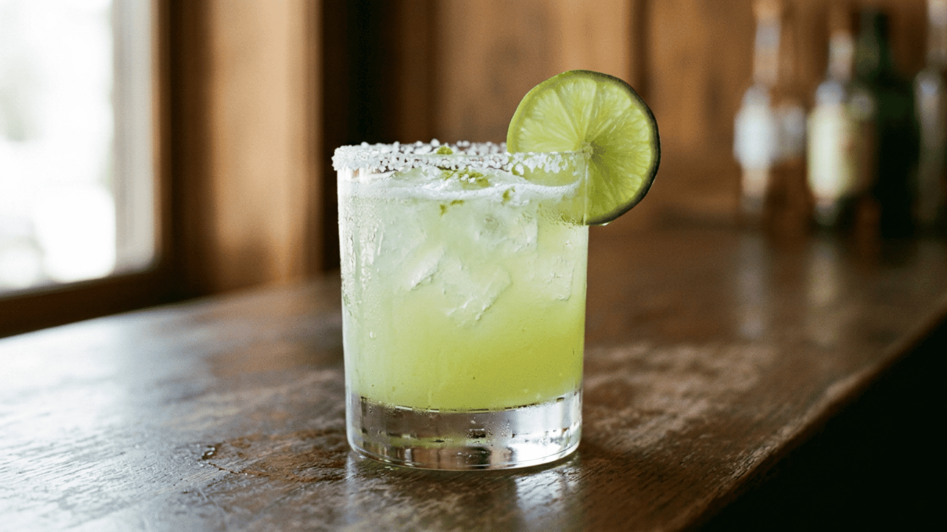 Original lime margarita in a salt-rimmed glass with fresh lime garnish