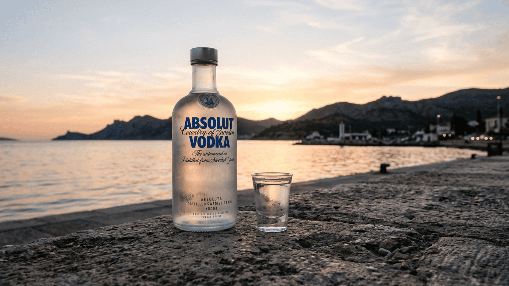 A clear glass bottle of high-proof overproof vodka standing on a bar setup next to a mixed cocktail garnished with an orange slice.