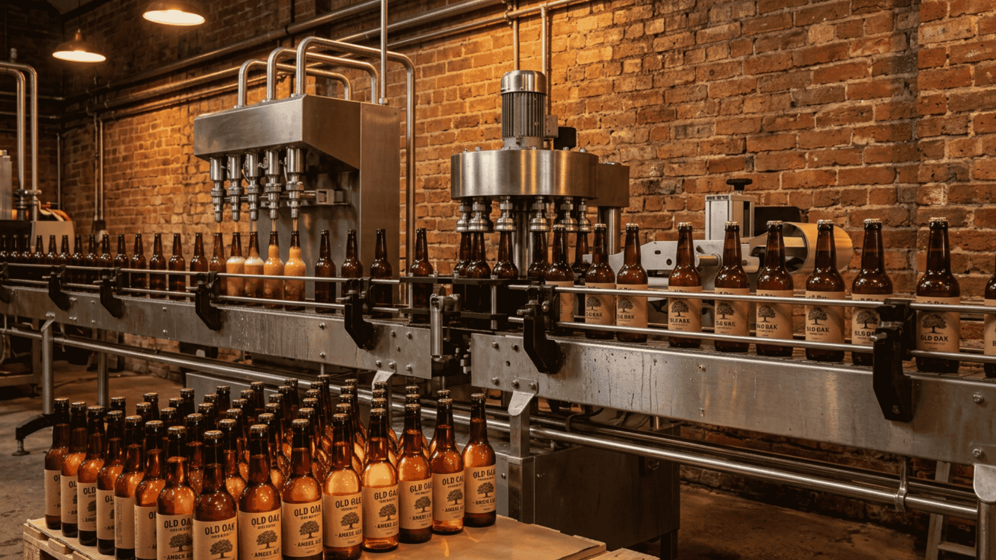 A bearded brewer in a leather apron fills dark glass bottles from a metal tap at a wooden workbench inside a warmly lit rustic brick brewery.