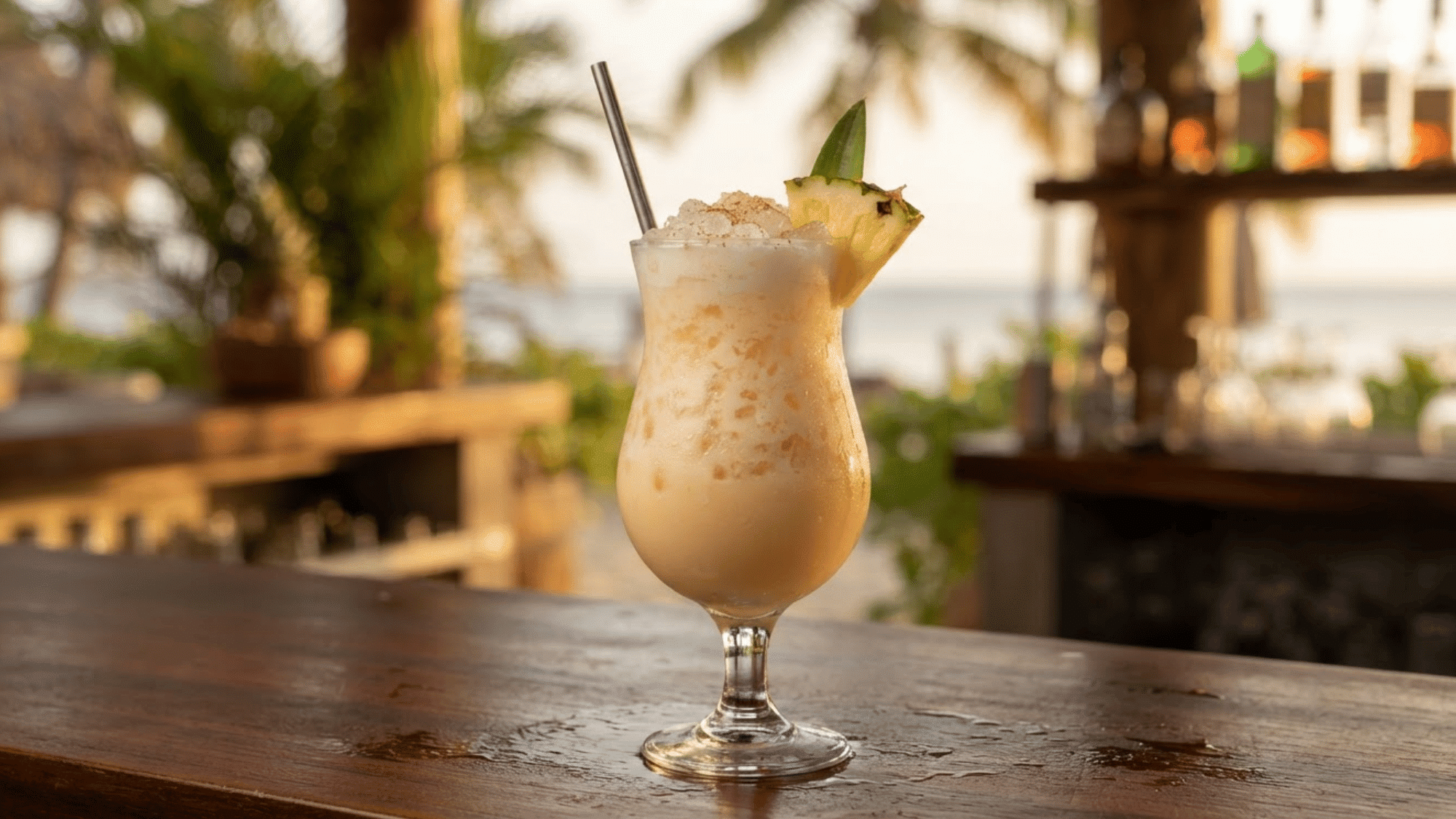 Painkiller cocktail with creamy pineapple-orange color and nutmeg on top.