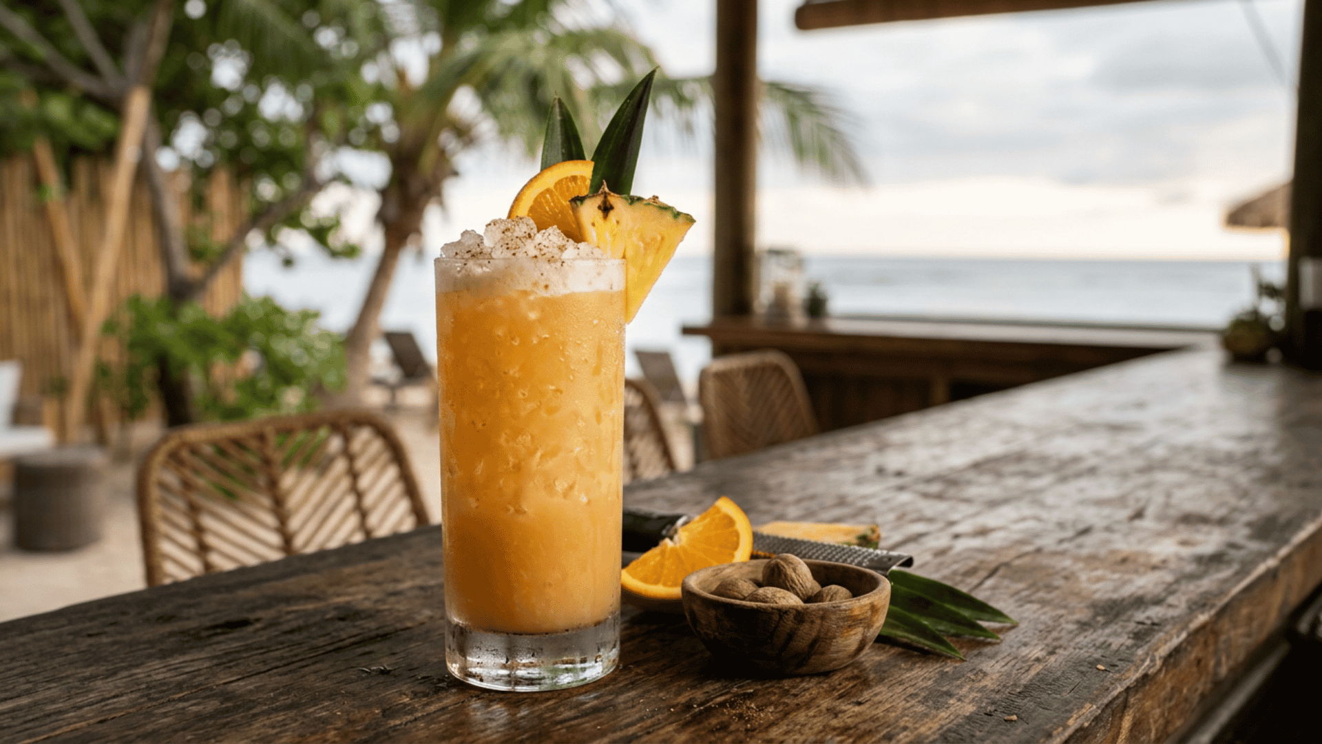 Painkiller rum cocktail with crushed ice, pineapple, orange, and nutmeg garnish.