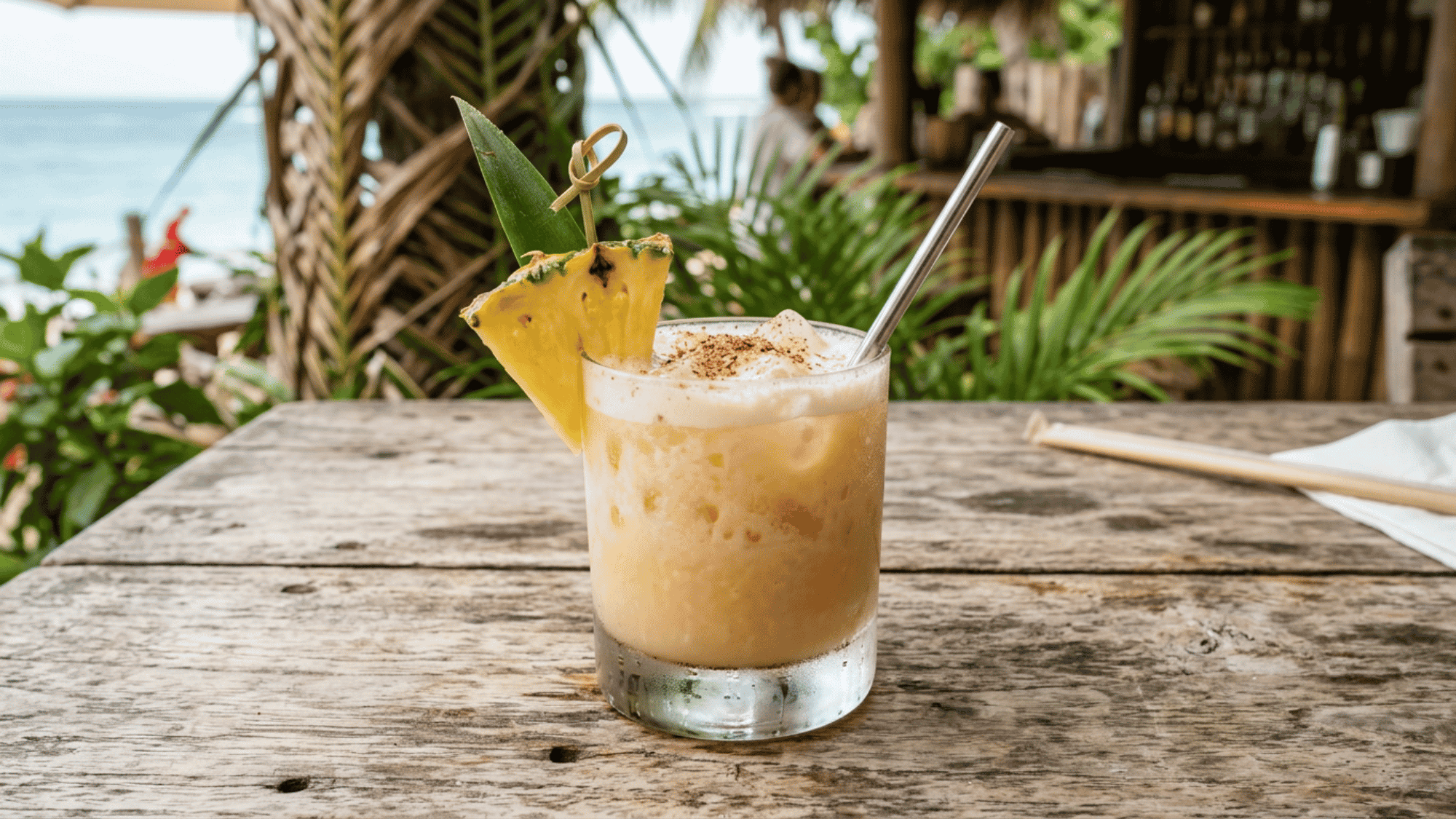 Painkiller cocktail with pineapple garnish and nutmeg served on a rustic beachside wooden table.