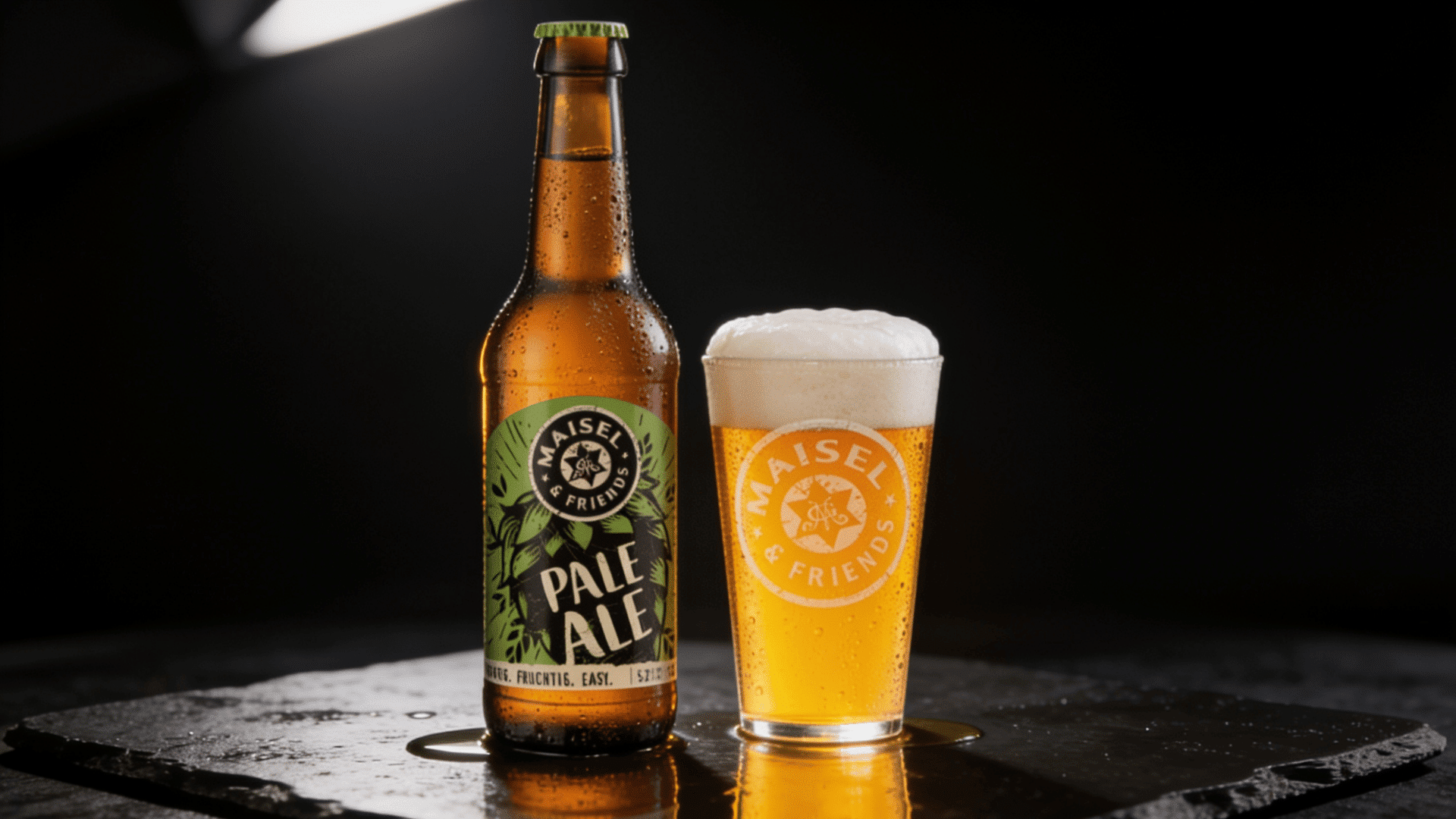 pale ale kept on a dark hard slate with a black background