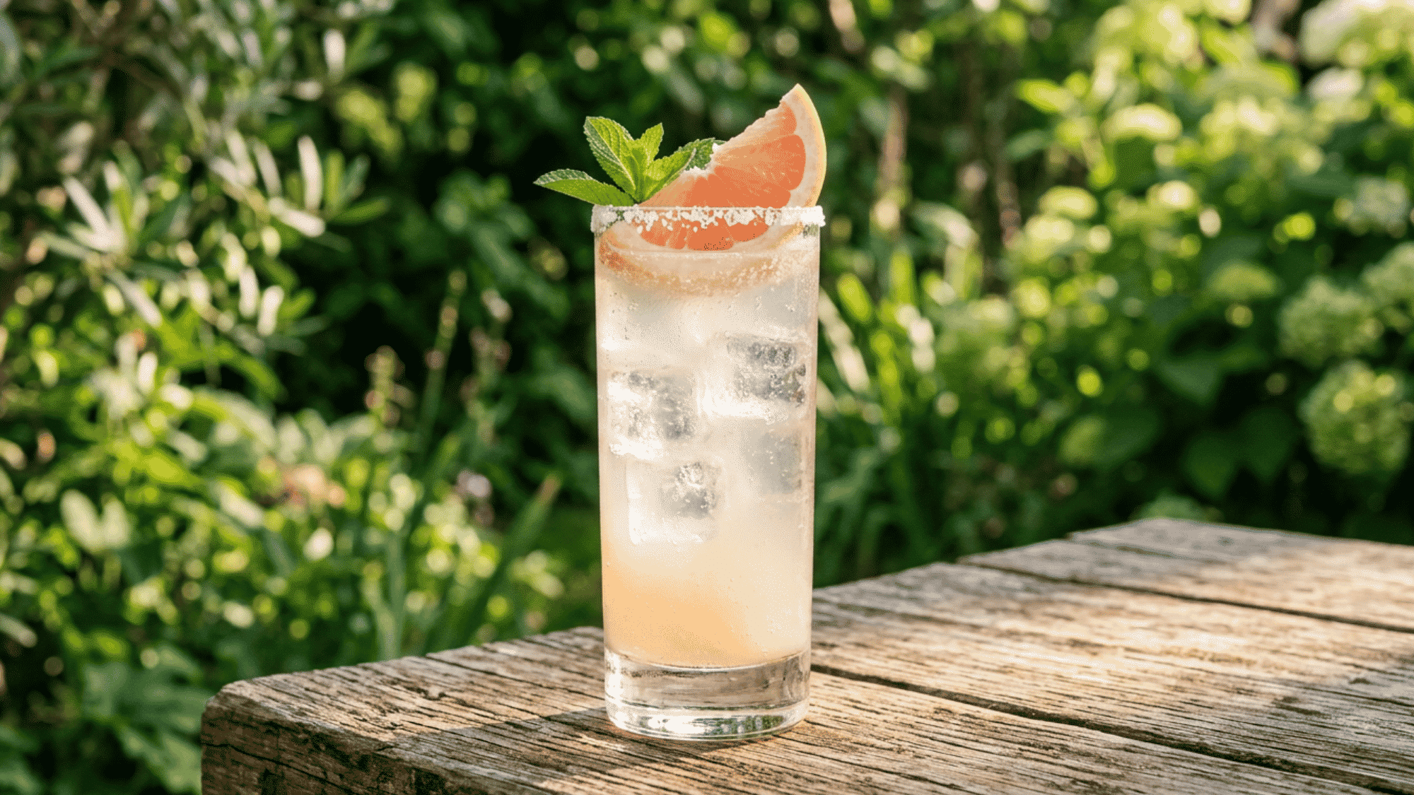 Paloma with grapefruit, lime, ice, and salted rim in a tall glass