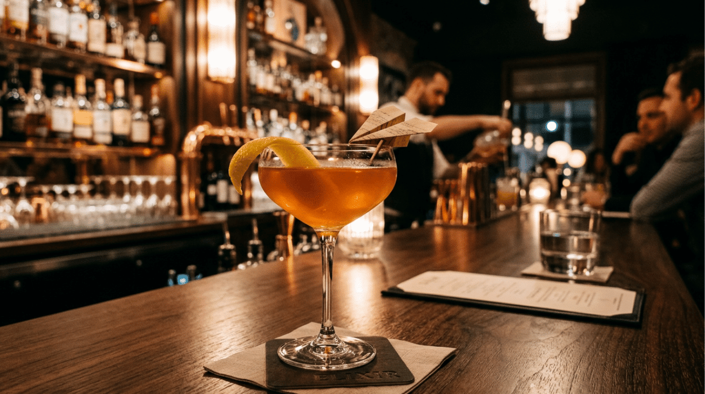 Paper Plane cocktail with citrus garnish