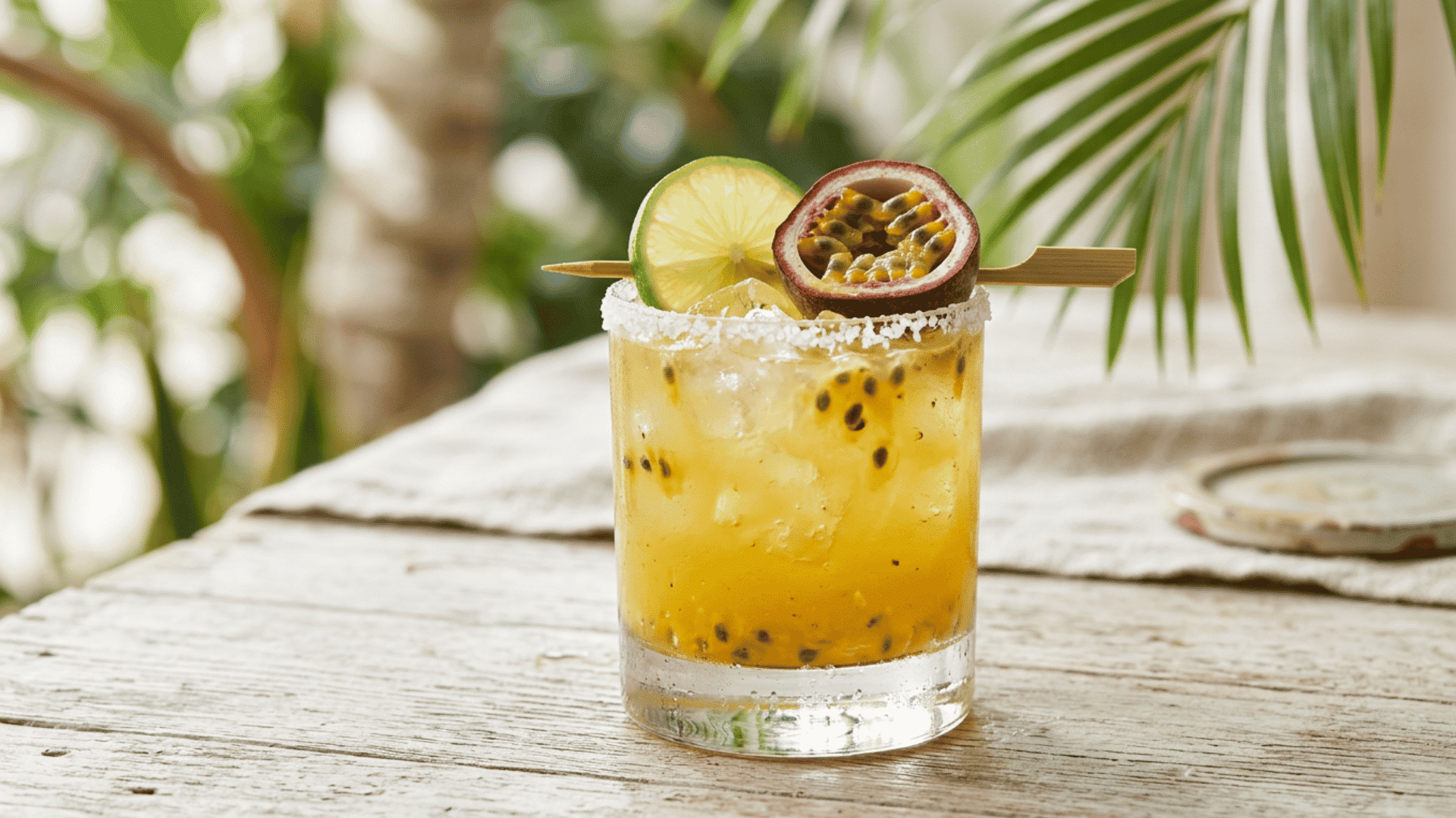 Passion fruit margarita with sunny yellow color and passion fruit garnish